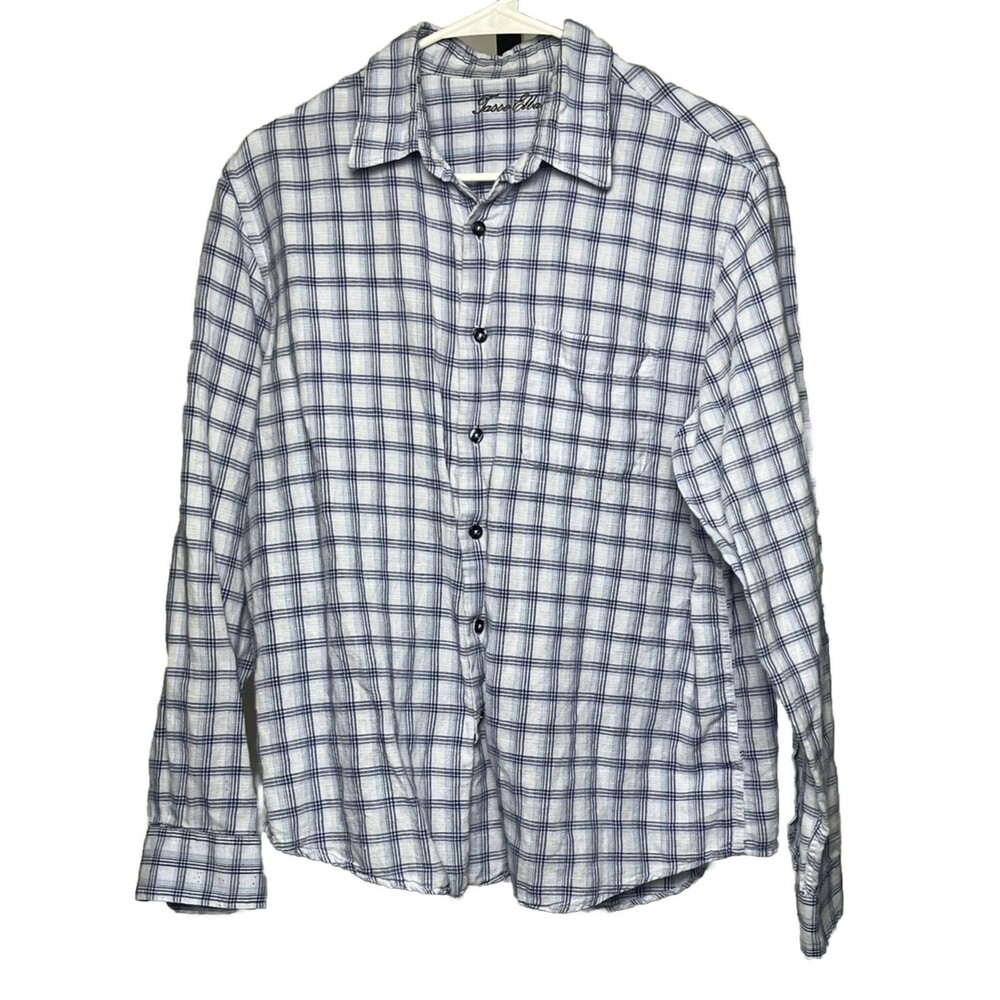 Tasso Elba Button Up Shirt Medium‎ Plaid Blue White Cotton Linen Lightweight